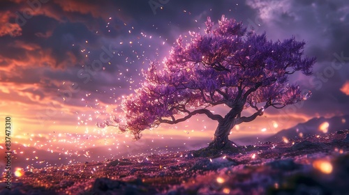 Ethereal purple tree with sparkling petals  set against a dusky sky  petals swirling around in an enchanting wind