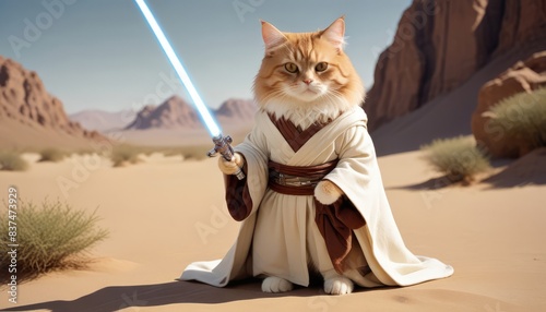 Fantastic Cat in Costume with Lightsaber in Desert Landscape Creative Pet Photography Costume Design Print Pet Day Halloween Cosplay photo