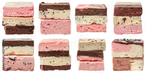 Set of Neapolitan Ice Cream Slices isolated on transparent png background. Generative ai