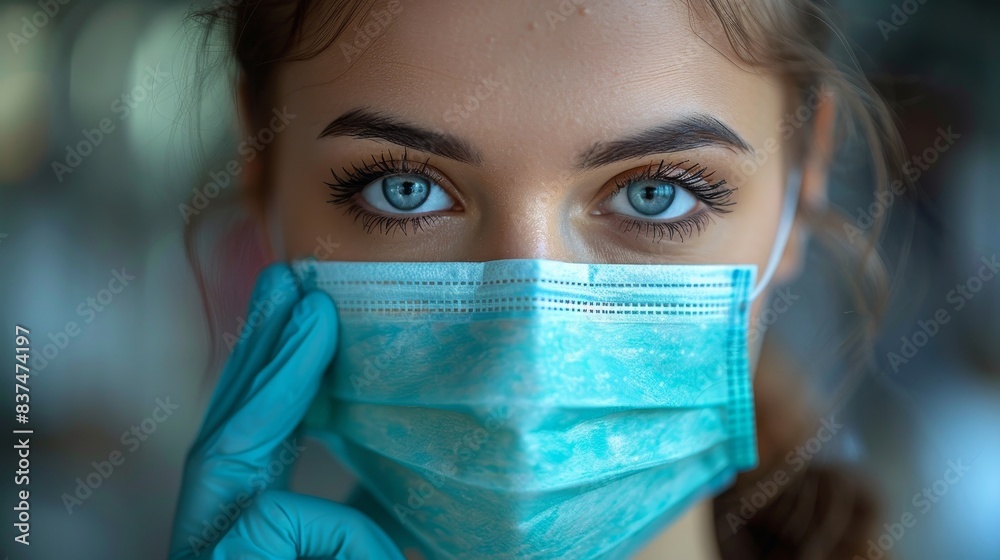 Close-up of a woman wearing a face mask and gloves, depicting pandemic safety measures, healthcare, and eye contact. Close-up of a woman wearing a face mask and gloves, depicting pandemic safety measures, healthcare, and eye contact.