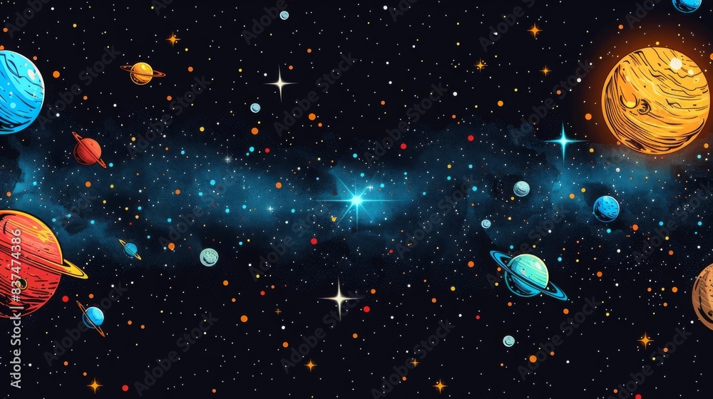 breathtaking view colorful galaxy space and planets set on dark background illustration, colorful planetary satellites on a black background breathtaking view colorful galaxy space and planets set on dark background illustration, colorful planetary satellites on a black background