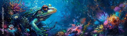 Frogman in a deepsea fantasy setting with glowing underwater flora, bioluminescent colors, watercolor photo