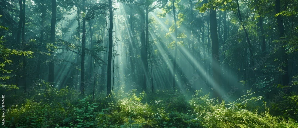 Fototapeta premium Lush green forest with sunbeams, misty morning, vibrant colors, tranquil scene, copy space