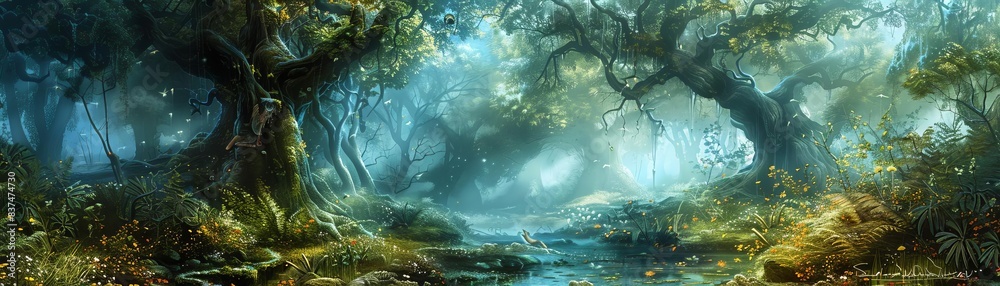 Obraz premium World of fables, fantastical creatures, enchanted forest, magical storybook setting, whimsical atmosphere, digital painting
