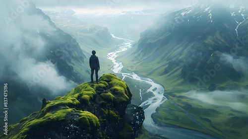 Solitary Figure Stands Atop Moss Covered Mountain Overlooking Meandering River Through Misty Valley photo