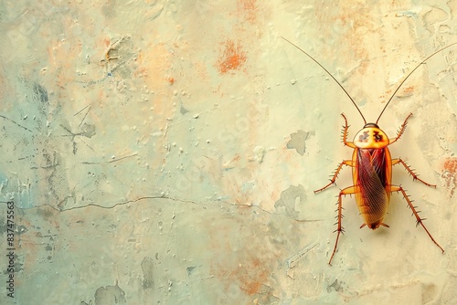 A cockroach is sitting on the wall