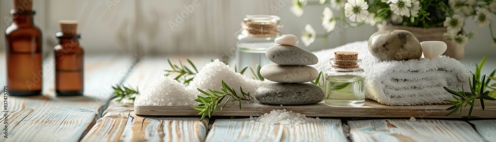 A wooden table with a variety of items on it, including a bottle of lavender oil, a bottle of rose oil, and a bottle of peppermint oil. There are also several rocks on the table A wooden table with a variety of items on it, including a bottle of lavender oil, a bottle of rose oil, and a bottle of peppermint oil. There are also several rocks on the table