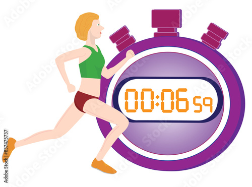 陸上競技の女子の短距離走のイラスト素材です。ストップウォッチでタイムを計っています。