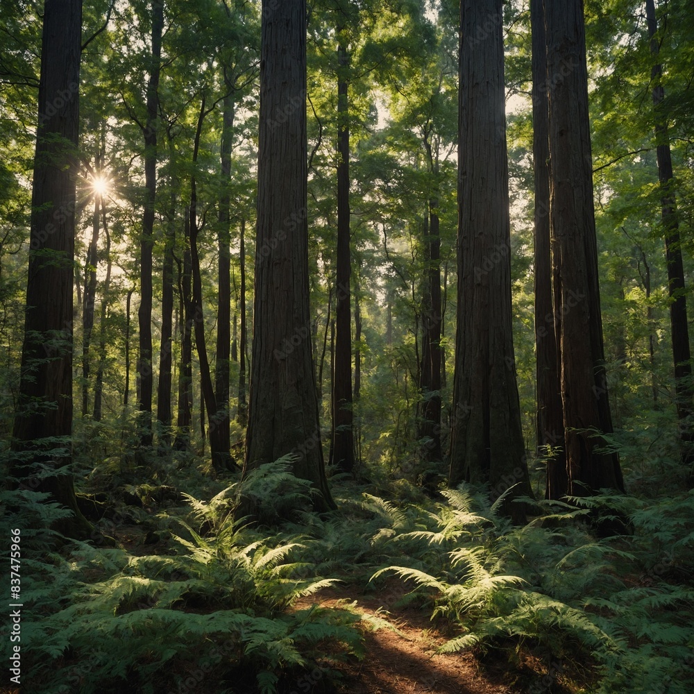 Fototapeta premium A serene forest with tall, ancient trees and dappled sunlight filtering through the leaves.