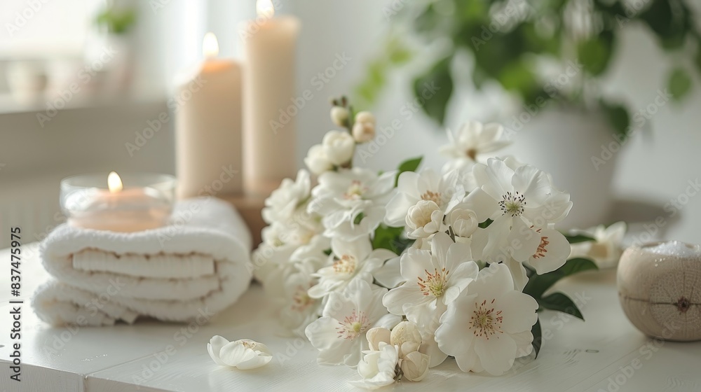 A table with candles, a white towel, and a potted plant with white flowers. The candles are lit, creating a warm and inviting atmosphere. The white towel and flowers add a touch of elegance A table with candles, a white towel, and a potted plant with white flowers. The candles are lit, creating a warm and inviting atmosphere. The white towel and flowers add a touch of elegance