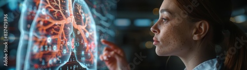 A woman is looking at a computer screen with a graphic of a lung. She is pointing at the lung