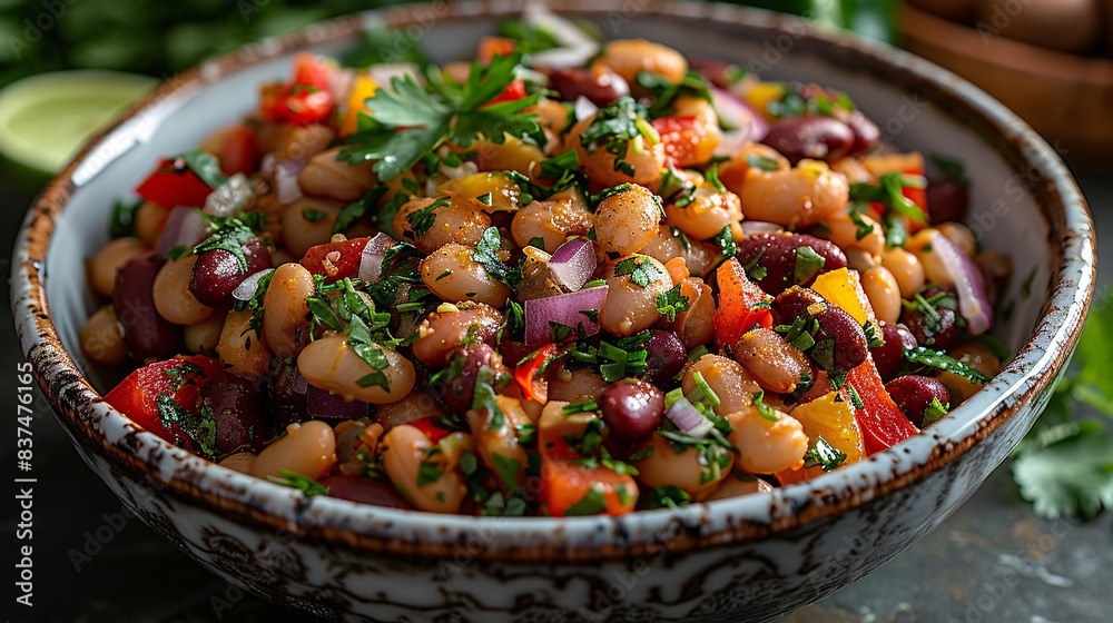 A hearty bean salad with mixed legumes, bell peppers, and a cumin-lime dressing, captured in 32k cel shading with realistic details A hearty bean salad with mixed legumes, bell peppers, and a cumin-lime dressing, captured in 32k cel shading with realistic details