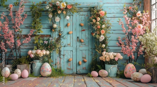Spring-themed doorway decorated with flowers and Easter eggs, creating a festive and colorful setting perfect for seasonal celebrations.