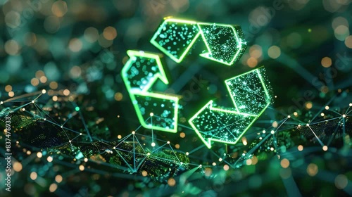 3D recycling symbol in a green neon color, connected to a series of network connections to represent the digitization of waste management