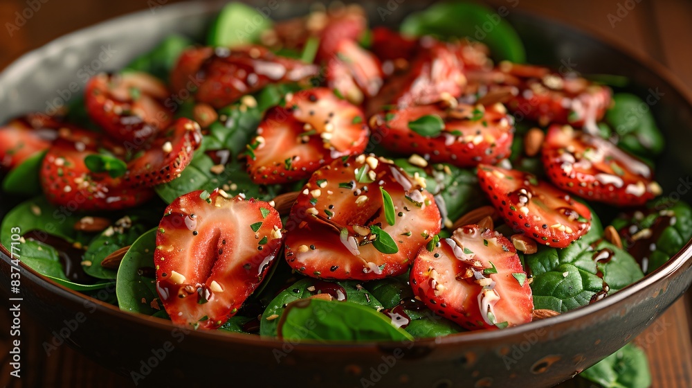 A veggie-rich spinach salad with strawberries, almonds, and a balsamic glaze, digitally enhanced for a fresh and clean look A veggie-rich spinach salad with strawberries, almonds, and a balsamic glaze, digitally enhanced for a fresh and clean look