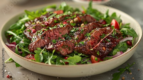 A meaty salad featuring grilled steak slices, mixed greens, and a tangy dressing, captured with realistic details and digitally enhanced