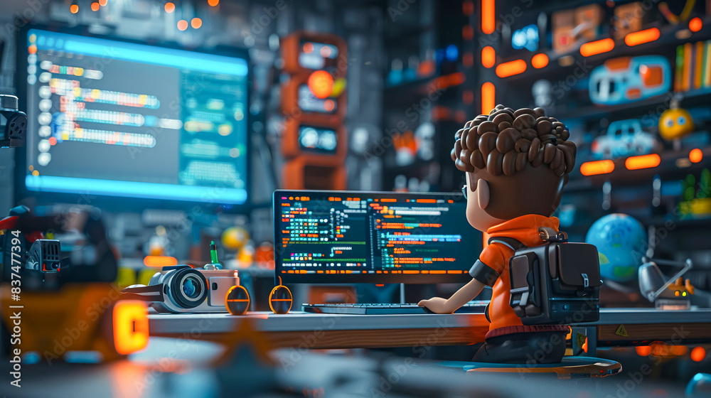 3D clay style character developing software surrounded by code and tech gadgets 3D clay style character developing software surrounded by code and tech gadgets