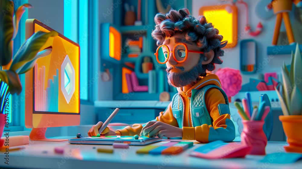 Animated character designing on a holographic tablet creative workspace