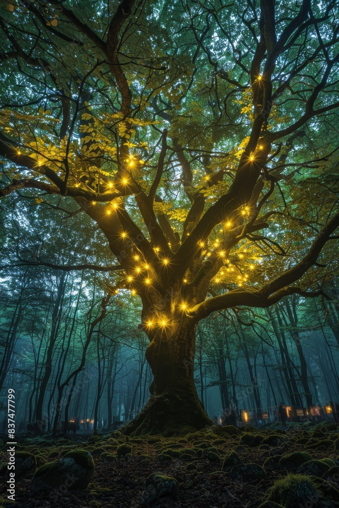A mystical event under a towering magical tree, its leaves glowing with supernatural energy, as the Enchanted Forest Countdown begins in the ancient forest A mystical event under a towering magical tree, its leaves glowing with supernatural energy, as the Enchanted Forest Countdown begins in the ancient forest
