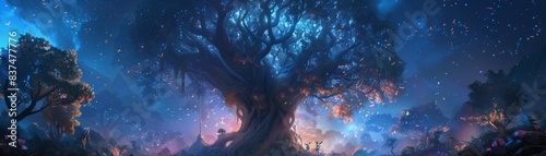 A gigantic magical tree in the heart of an ancient forest  its branches glowing with ethereal light  surrounded by mystical creatures preparing for the Enchanted Forest Countdown