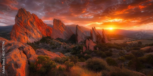 Majestic sunset view over the rugged red rock formations in a lush green valley under a dramatic sky, highlighting natural beauty and serenity