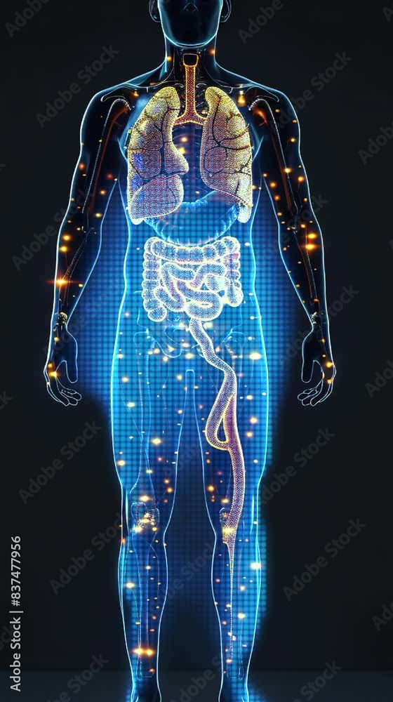 A human figure with the digestive system highlighted on black background, highlighting all focus to human's full body, highlighting camera perspective from front view, medical illustration style