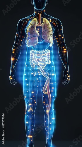 A human figure with the digestive system highlighted on black background, highlighting all focus to human's full body, highlighting camera perspective from front view, medical illustration style