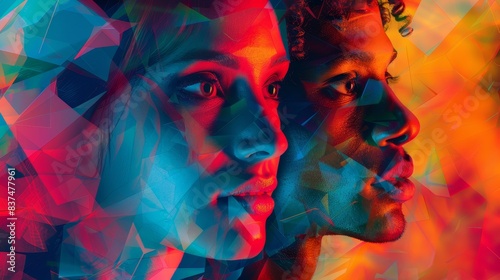 Artistic close-up of two people with their profiles merging into colorful geometric shapes, forming a dynamic abstract composition
