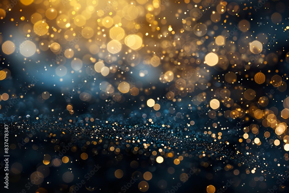 Abstract festive dark background with gold glitter and bokeh