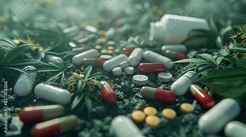 Concept of drug addiction and substance dependence as a junkie symbol or addict health problem with cocaine hroin cannabis alcohol and prescription pills with 3D illustration elements. 