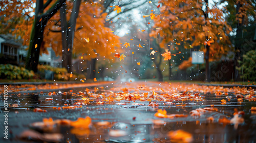 A fall rain showers the maple-lined street, leaving a wet trail of orange leaves and a ground that reflects the changing season