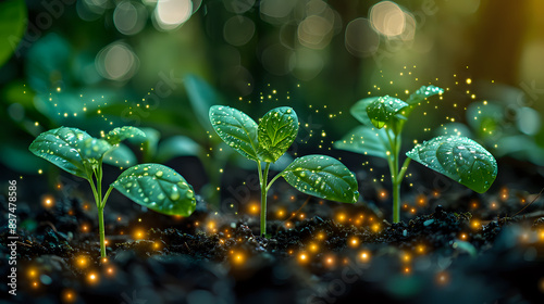 Young plants growing with glowing particles, symbolizing smart farming and technological innovation in agriculture. Ideal for content on sustainable agriculture, technology, and future farming.