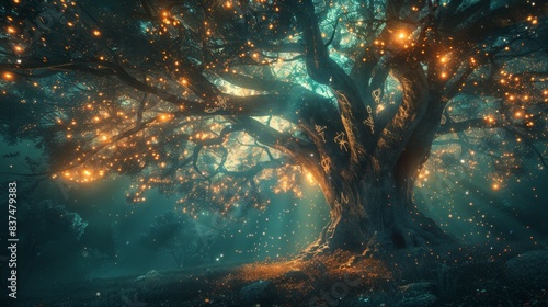 Enchanted Forest Countdown under the shadow of a majestic magical tree  with ethereal mist  sparkling lights  and ancient runes glowing on its bark