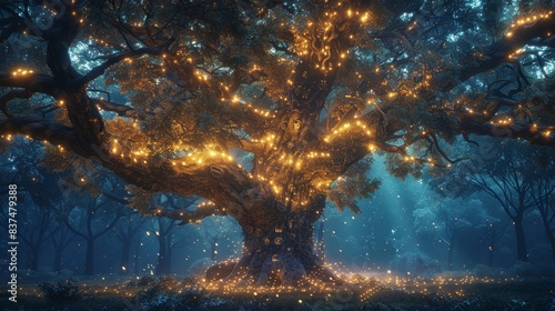 Enchanted Forest Countdown under the shadow of a majestic magical tree  with ethereal mist  sparkling lights  and ancient runes glowing on its bark