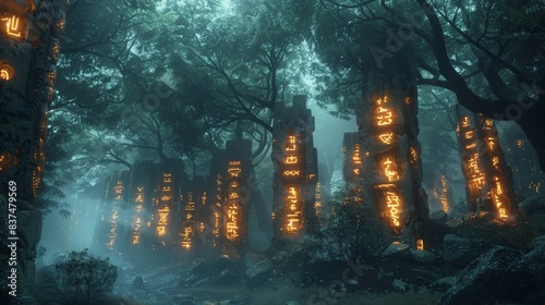 Forest of ancient runes, each tree a canvas of glowing symbols and secrets, illuminated by a haunting, mystical light