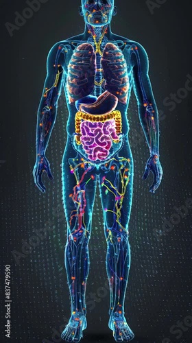 A human figure with the digestive system highlighted on black background, highlighting all focus to human's full body, highlighting camera perspective from front view, medical illustration style