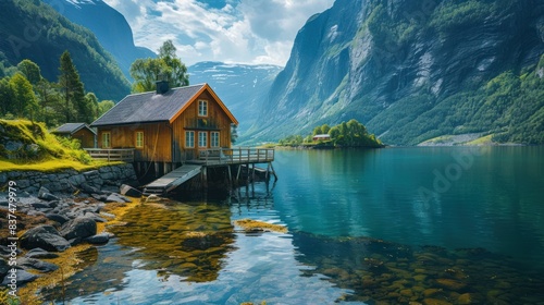 beautiful lake landscape in Norway, with clear water and mountains, in overcast weather, providing a calm scenery.
