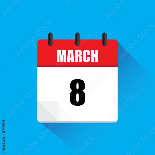 March calendar icon. Date 8 highlighted. Red and white colors. Vector