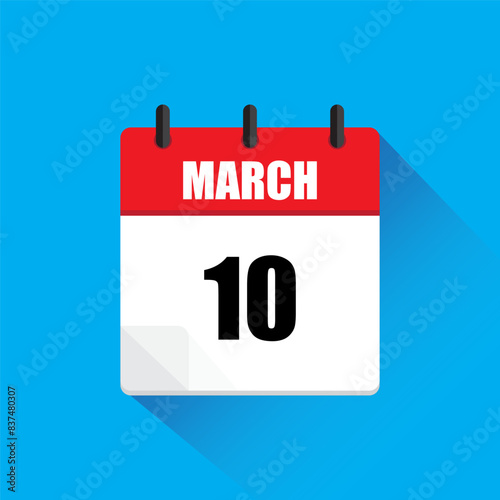 March calendar icon. Date 10 highlighted. Red and white colors. Vector illustration.