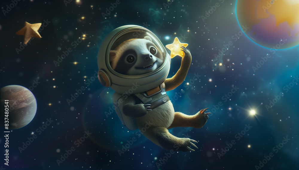 Adorable Baby Sloth Astronaut Flying In Outer Space Holding A Star. Cute Childish Style Illustration Of Funny Animal In Helmet. Adorable Baby Sloth Astronaut Flying In Outer Space Holding A Star. Cute Childish Style Illustration Of Funny Animal In Helmet.