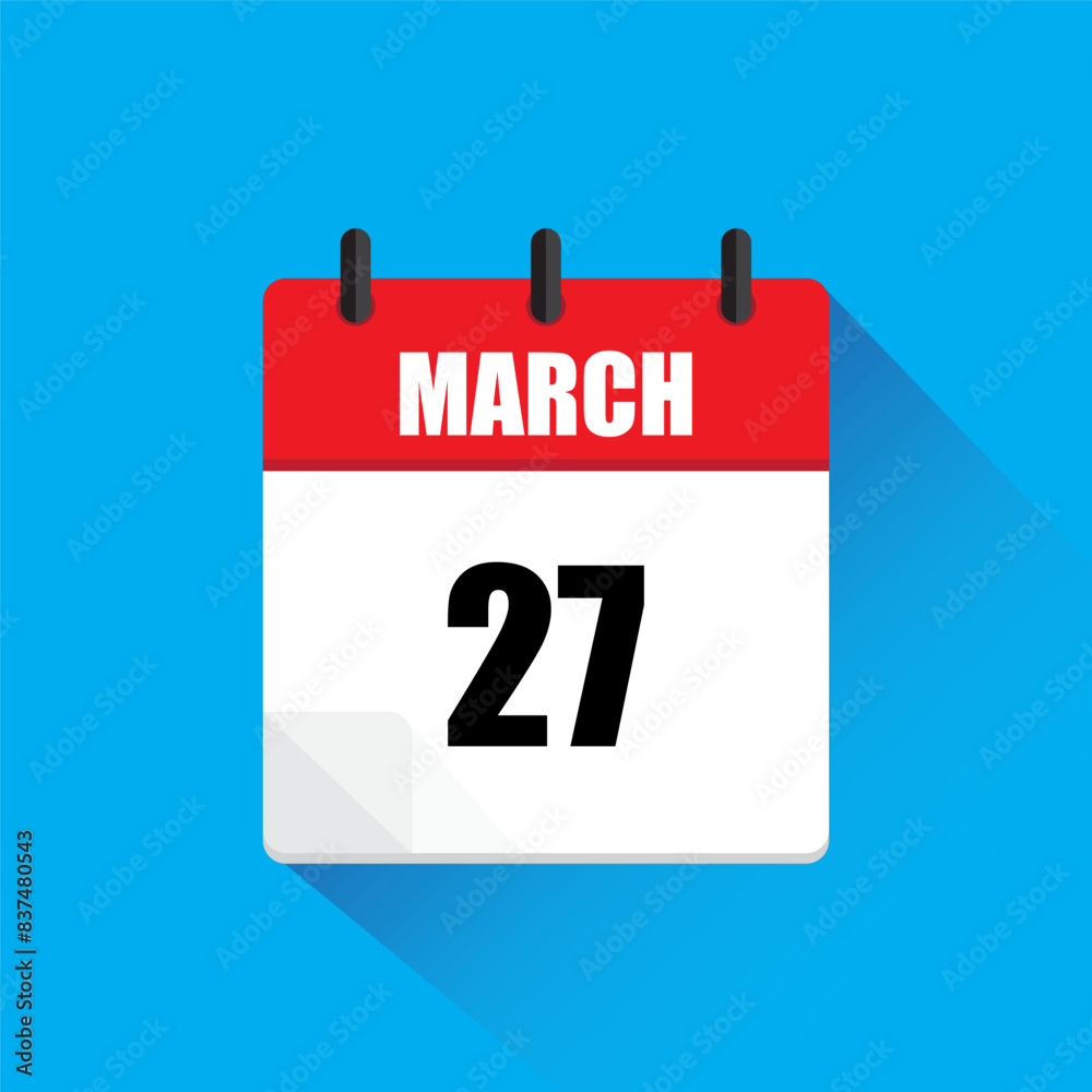 March calendar icon. Date 27 highlighted. Red and white colors. Vector illustration. March calendar icon. Date 27 highlighted. Red and white colors. Vector illustration.