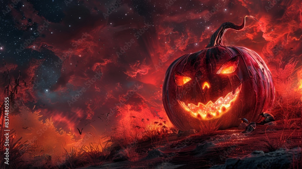 Naklejka premium Massive glowing pumpkin on a haunted hill, a dark, formidable starry blood-red sky looming overhead, creating a spooky atmosphere