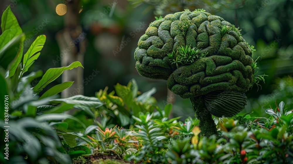 Lush brain-shaped topiary amid diverse plants in an eco-friendly garden, symbolizing green living and environmental consciousness Lush brain-shaped topiary amid diverse plants in an eco-friendly garden, symbolizing green living and environmental consciousness