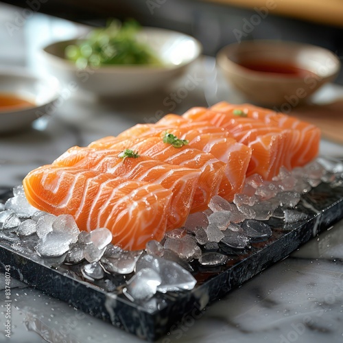 a delicacy of the east, fresh raw salmon sashimi freshly sliced and placed onto a bed of crushed ice ready to be devour