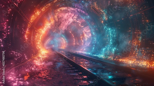Magical enchanted fantasy, railway locomotive tunnel, adorned with mystical runes and glowing crystals, a mysterious mist flowing through © Alpha
