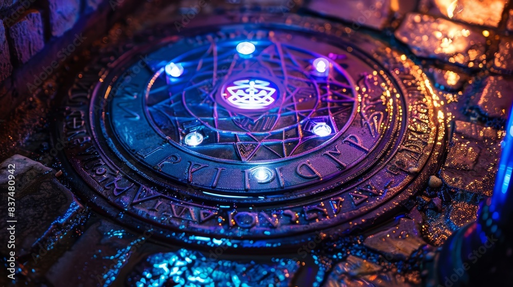 Obraz premium Manhole cover close up featuring alchemical symbols, bathed in vibrant neon light, evoking a mystical, otherworldly feel