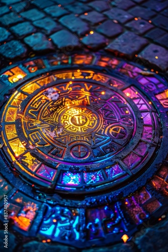 Manhole cover with intricate alchemical symbols  neon light interaction producing a mystical  vivid palette in close up