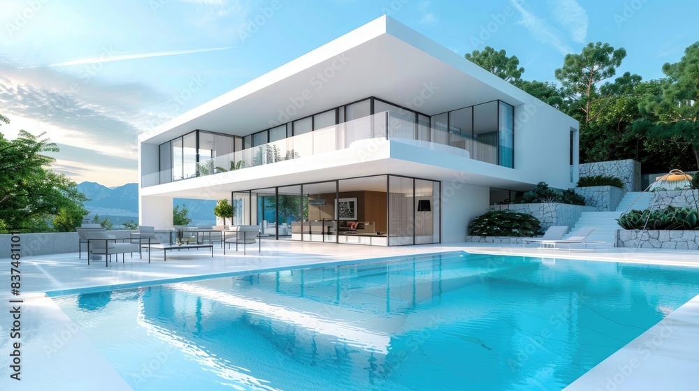 Modern white minimalistic style villa with swimming pool