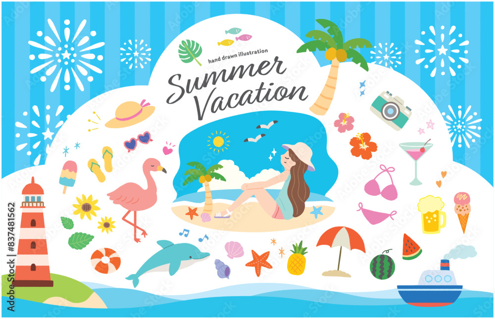 夏、海のかわいい手描きイラストセット 夏、海のかわいい手描きイラストセット
