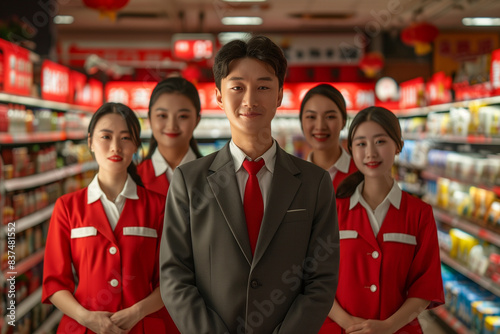 Photography of China professional supermarket service staff, stocker and cashier in grocery store. photo